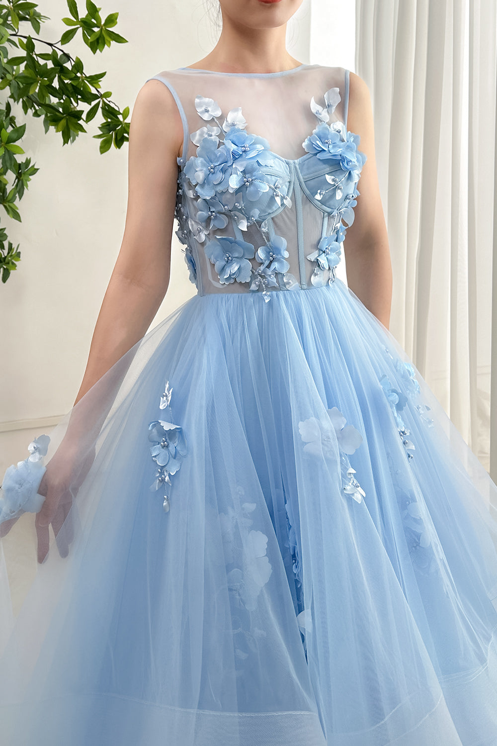 Illusion Sleeveless Corset 3D Floral Ball Gown