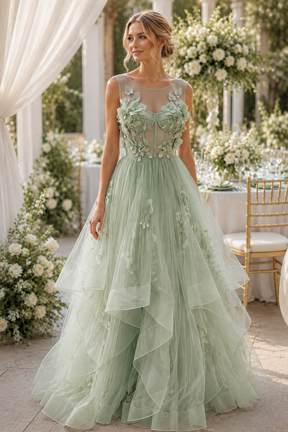 Illusion Sleeveless Corset 3D Floral Ball Gown Prom Dress