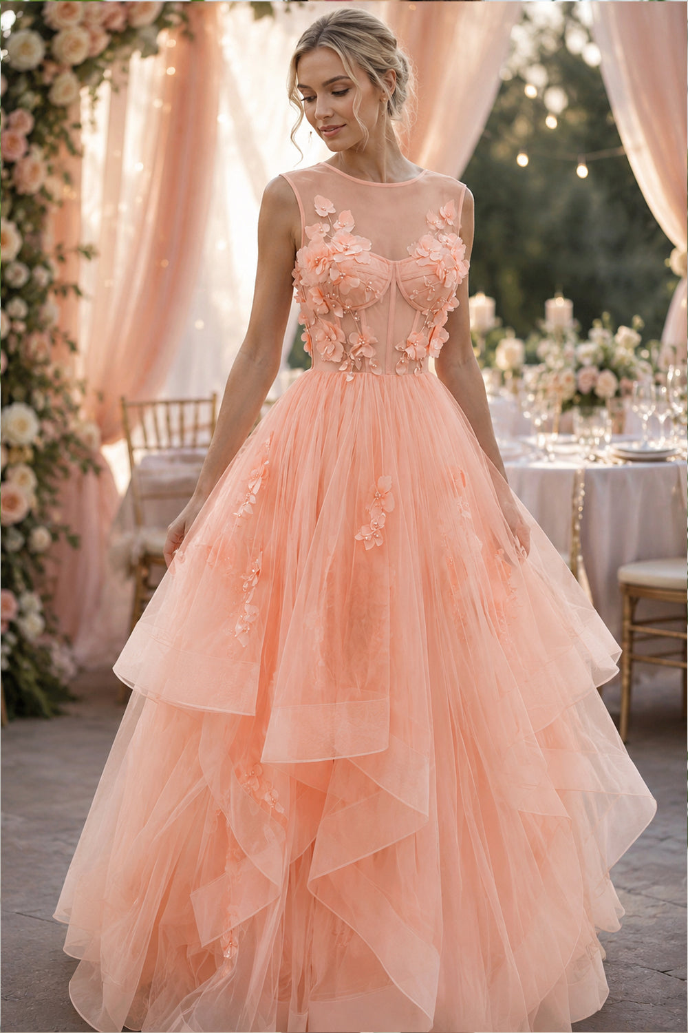 Illusion Sleeveless Corset 3D Floral Ball Gown Prom Dress