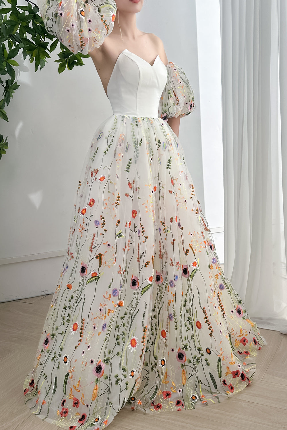 MissJophiel Strapless V Neck Corset Floral Ball Gown with remvoable Puffy Sleeves