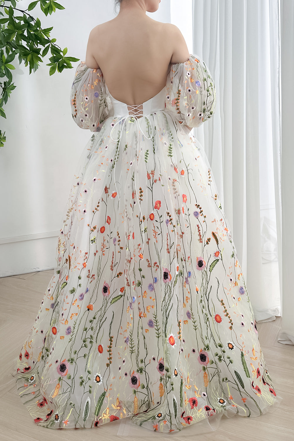 Strapless V Neck Corset Floral Ball Gown with removable Puffy Sleeves