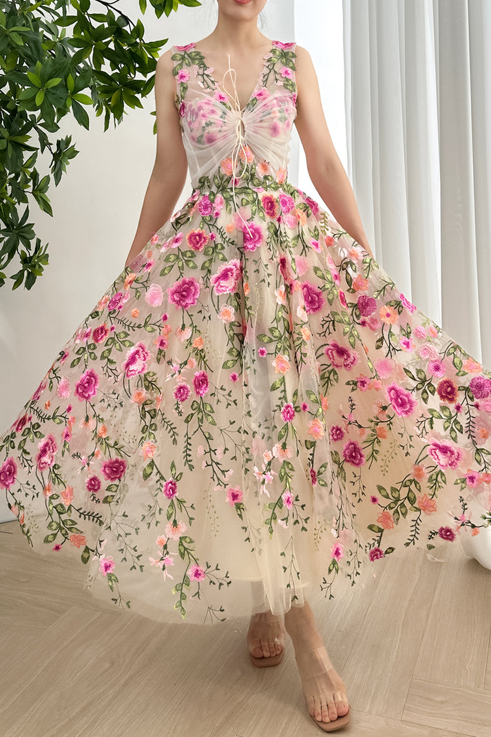 FLORAL V NECK SLEEVELESS CORSET MIDI DRESS main image 1
