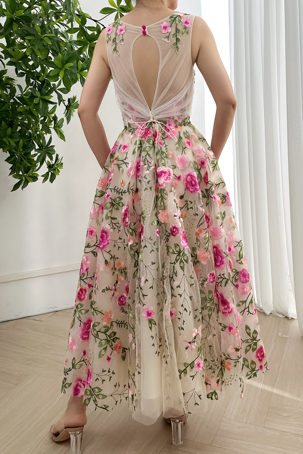 V Neck Corset Fuchsia Floral Embroidery Midi Dress