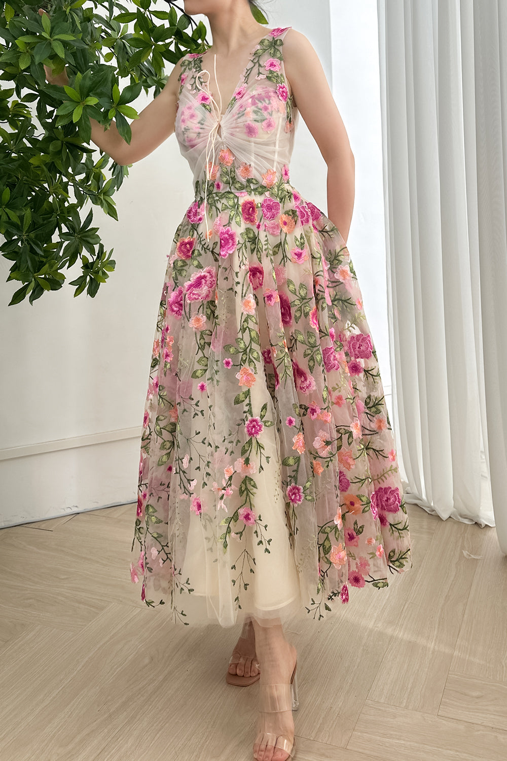 V Neck Corset Fuchsia Floral Embroidery Midi Dress