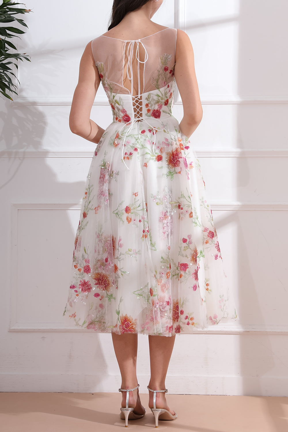 Illusion Straps Sequin Floral Ivory Midi Dress with Lace Up Back