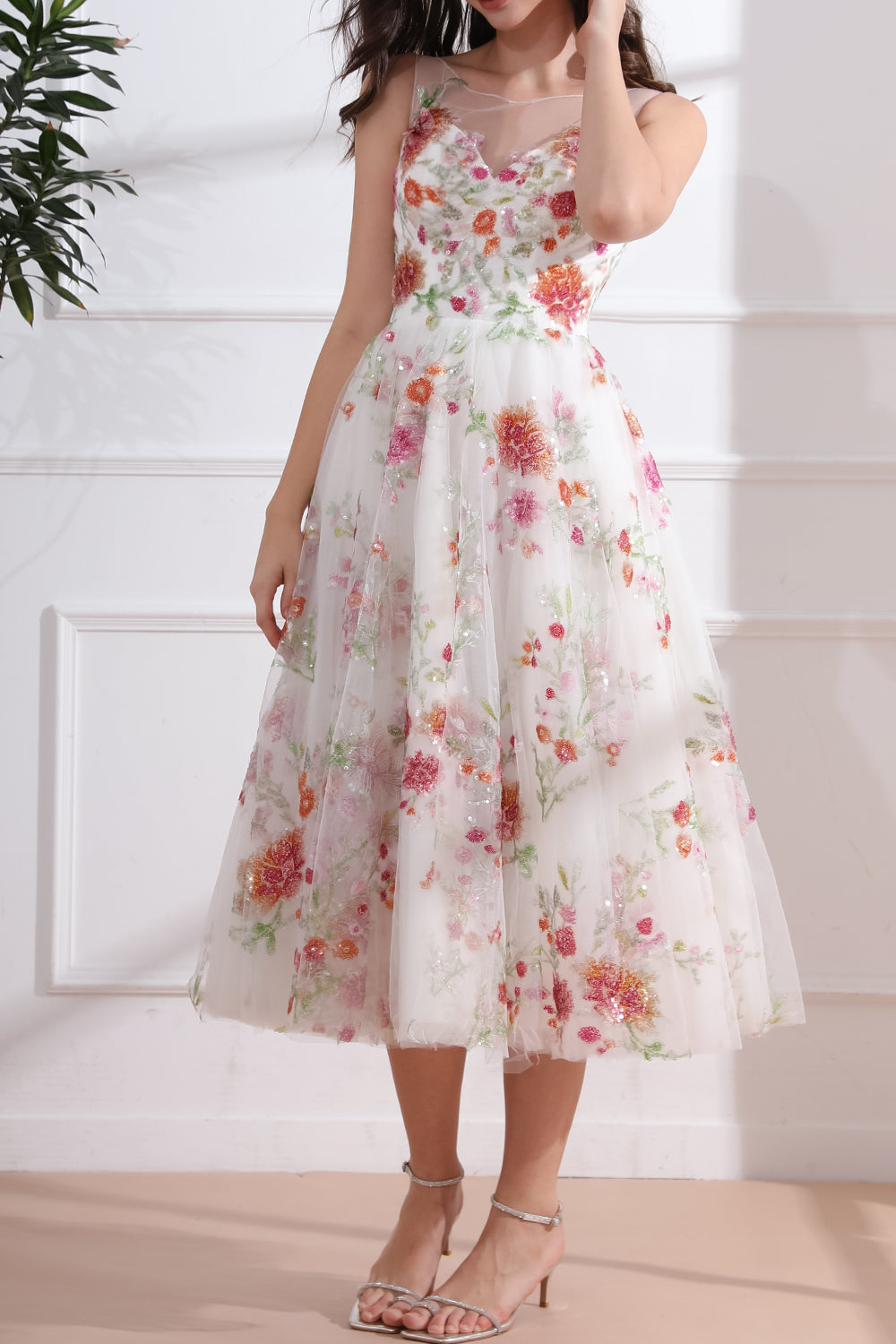 Illusion Straps Sequin Floral Ivory Midi Dress with Lace Up Back