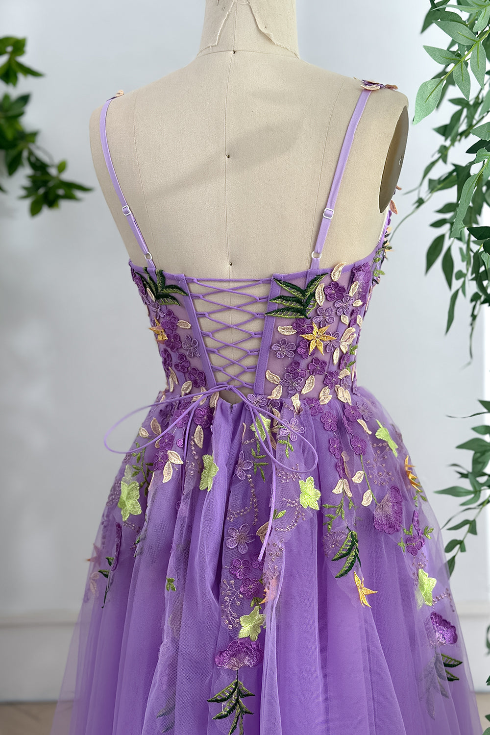 MissJophiel Corset Straps Floral Applique Lavender Long Dress with Lace Up Back