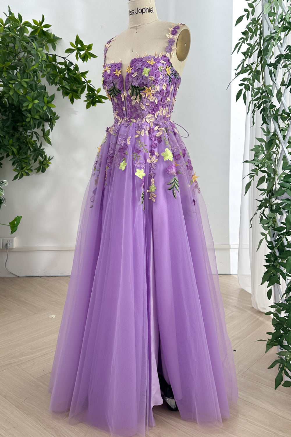 Corset Straps Floral Applique Lavender Long Dress with Lace Up Back