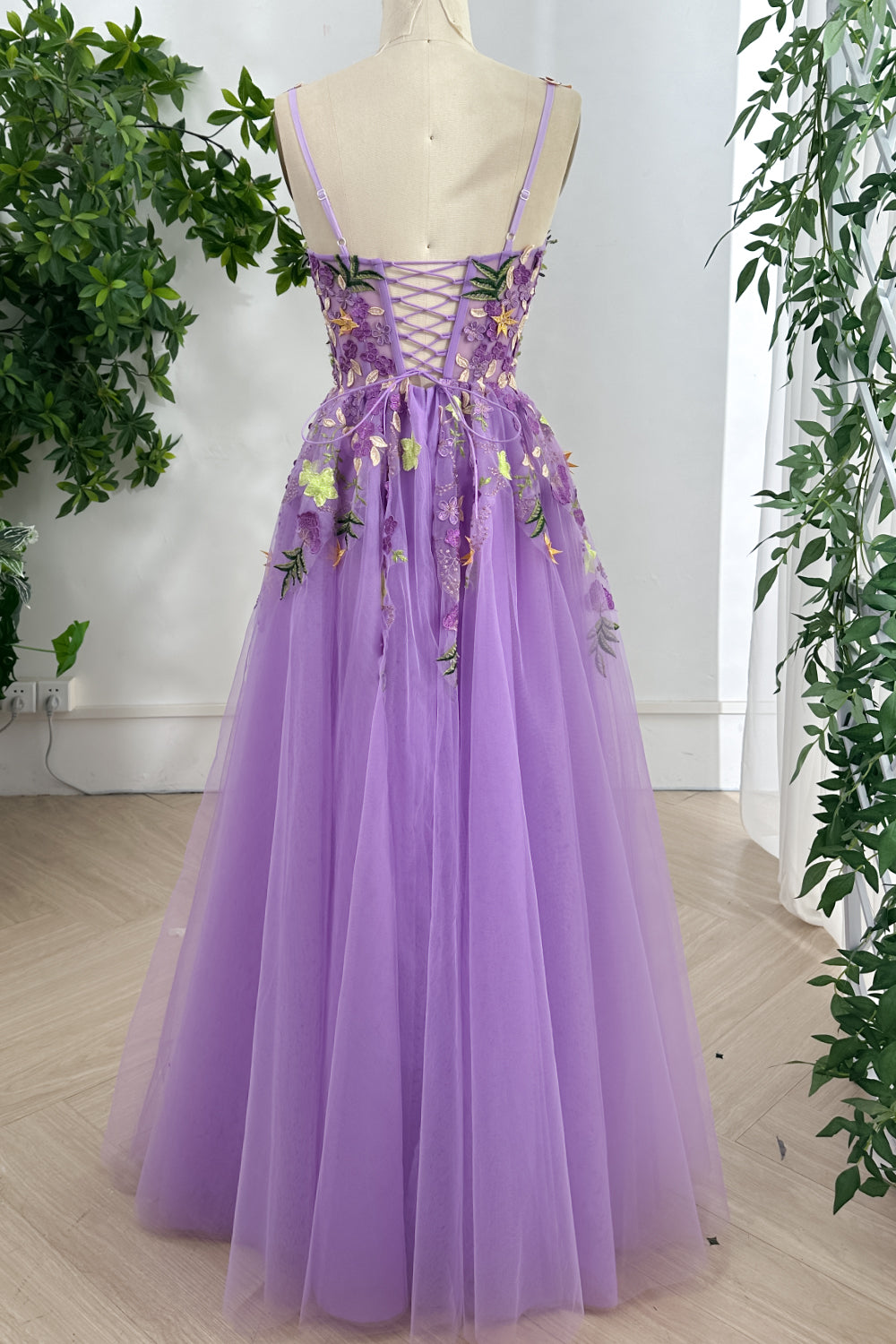 Corset Straps Floral Applique Lavender Long Dress with Lace Up Back