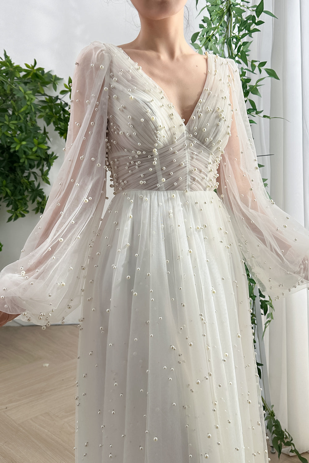 Long Puffy Sleeves Corset V Neck Beaded Tulle Midi Dress