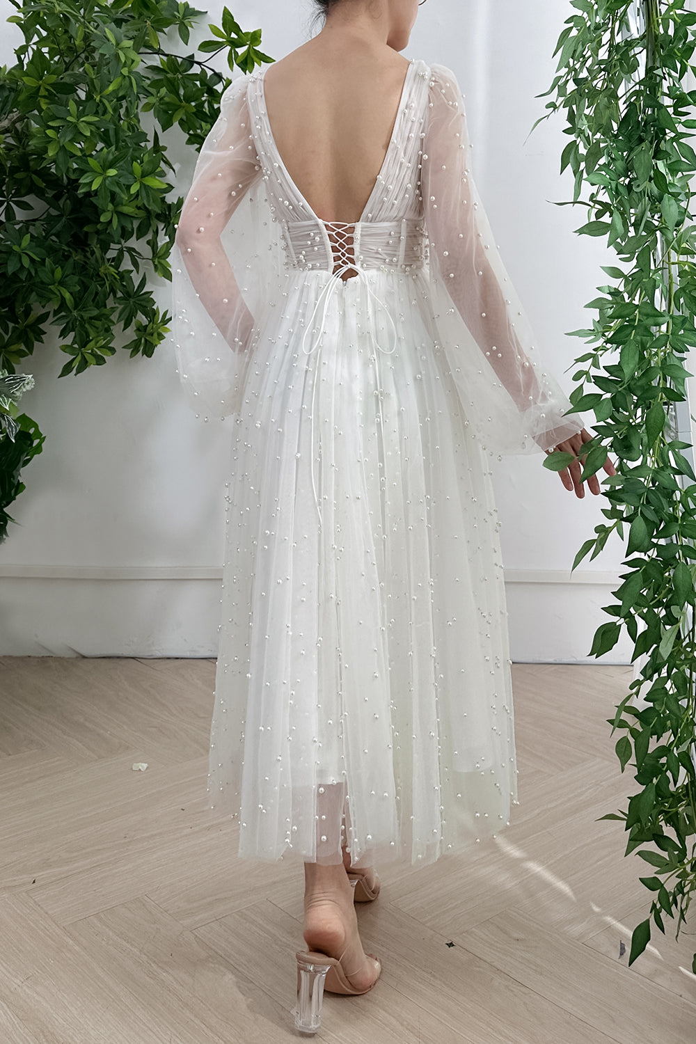 Long Puffy Sleeves Corset V Neck Beaded Tulle Midi Dress