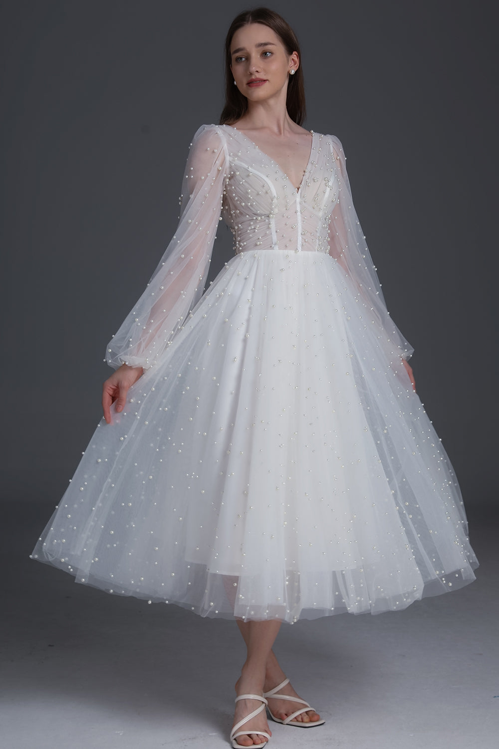 MissJophiel Long Puffy Sleeves Corset V Neck Beaded Tulle Midi Dress Ivory / Above Knee / US2