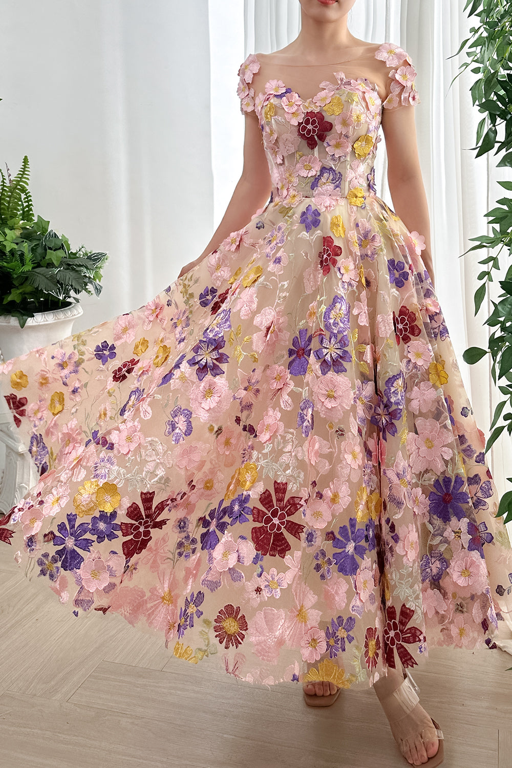 Short Sleeves Corset Boat Neck Floral Embroidery Midi Dress