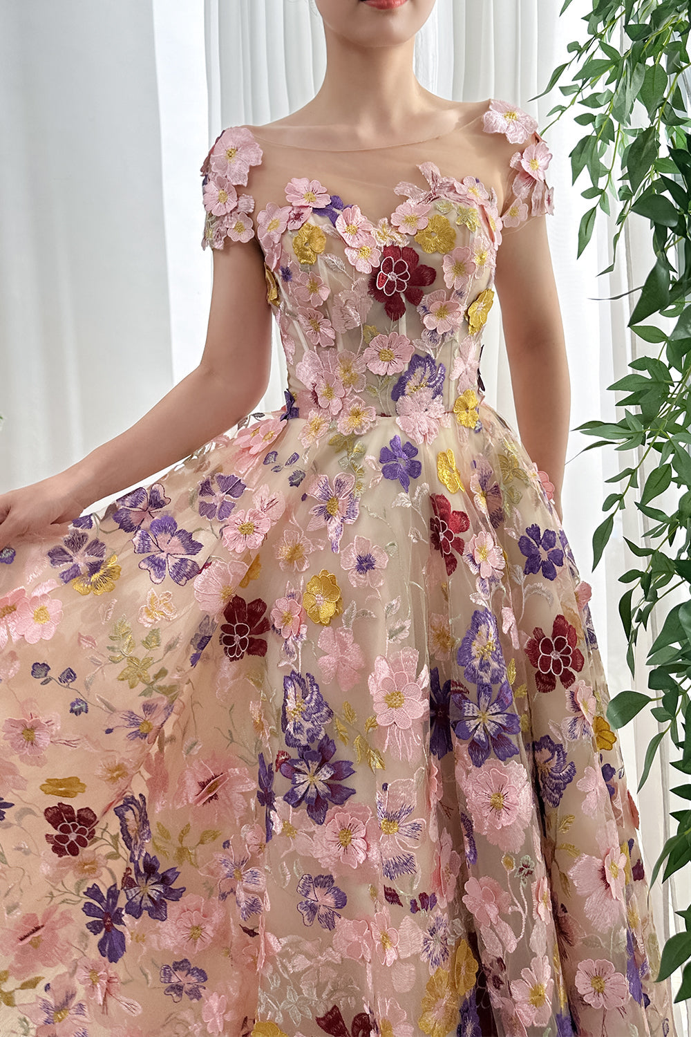 MissJophiel Short Sleeves Corset Boat Neck Floral Embroidery Midi Dress