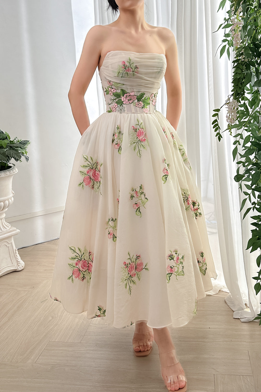 Strapless Corset Embroidery Organza Midi Dress