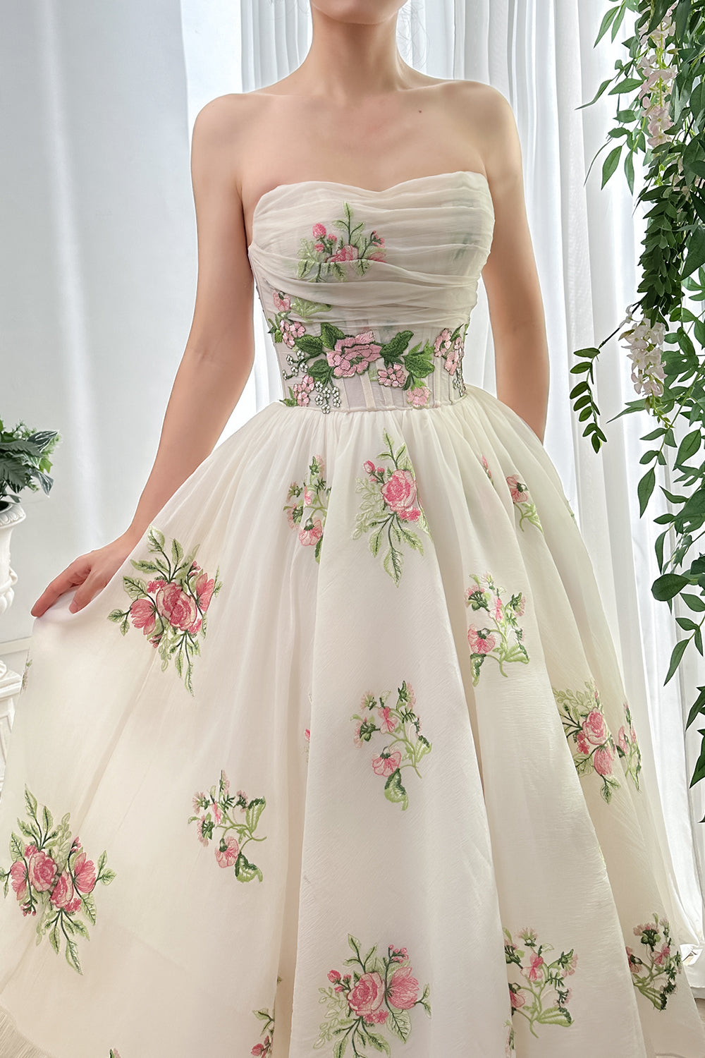MissJophiel Strapless Corset Embroidery Organza Midi Dress
