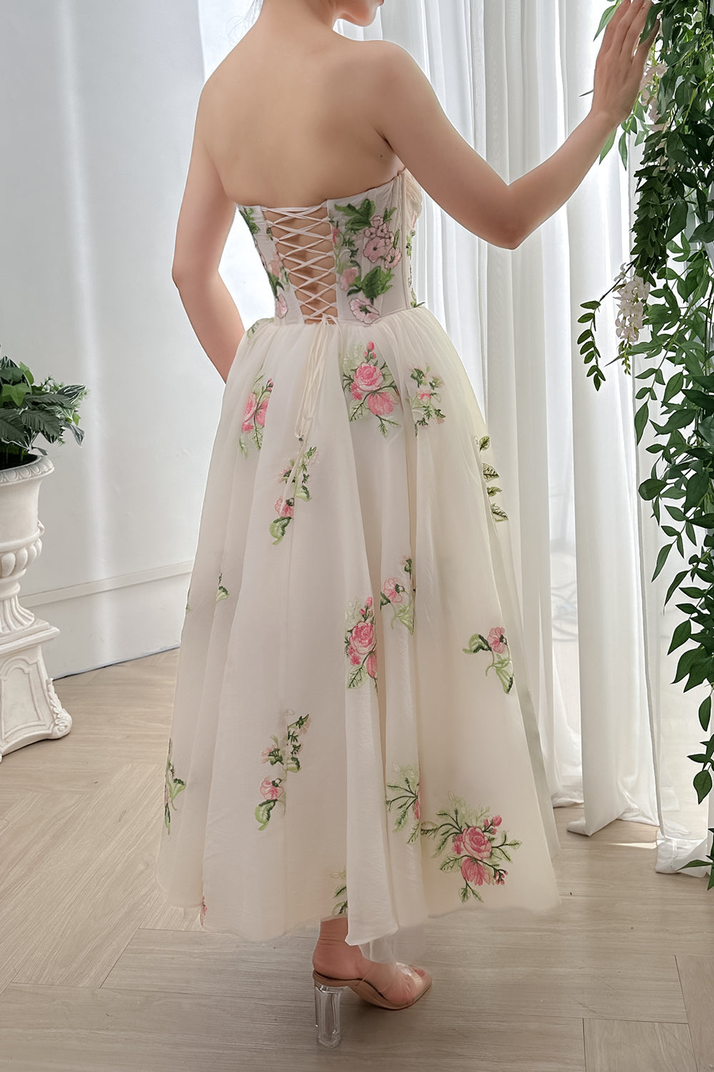 Strapless Corset Embroidery Organza Midi Dress