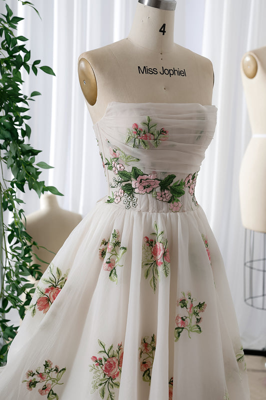 Strapless Corset Embroidery Organza Midi Dress