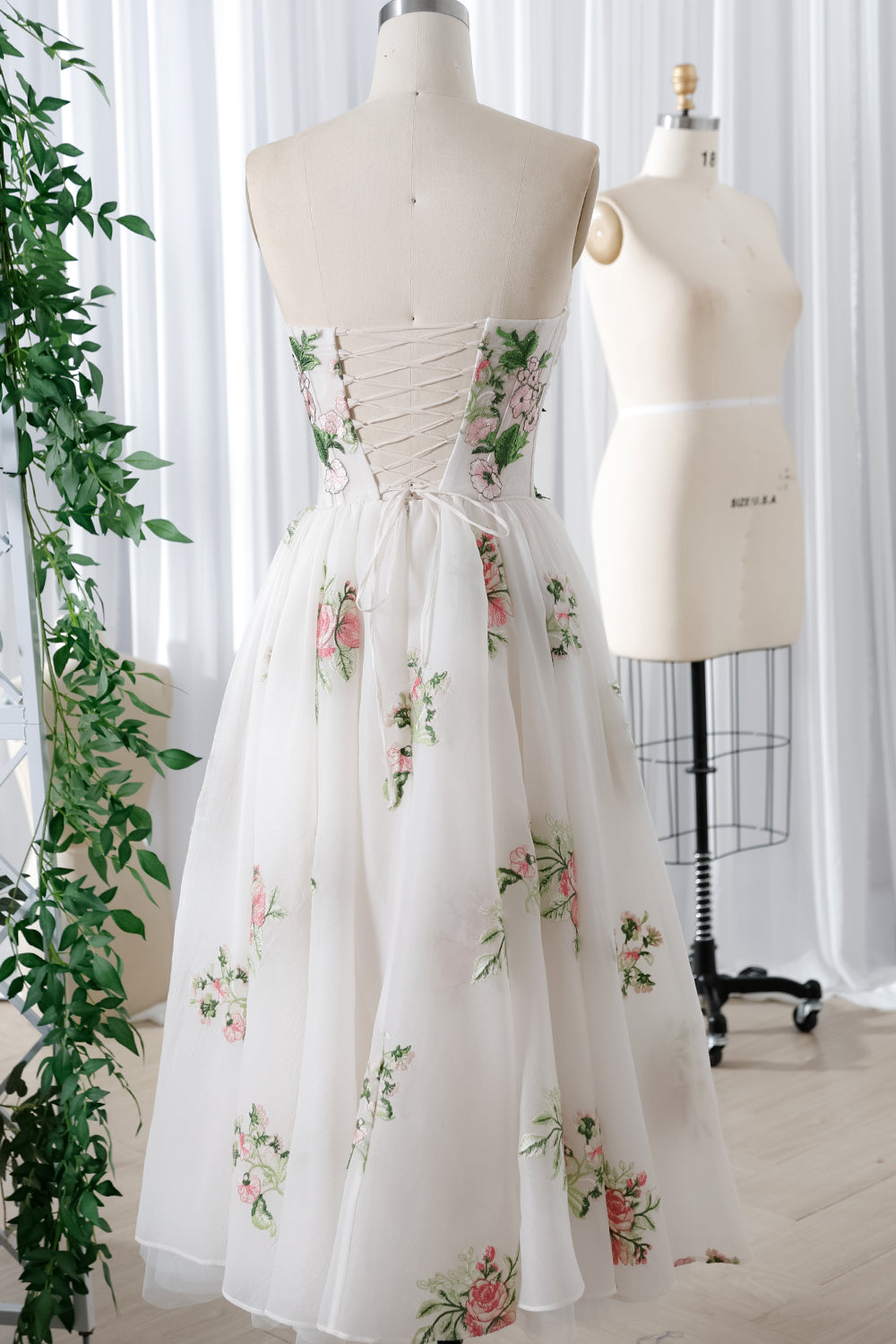 Strapless Corset Embroidery Organza Midi Dress