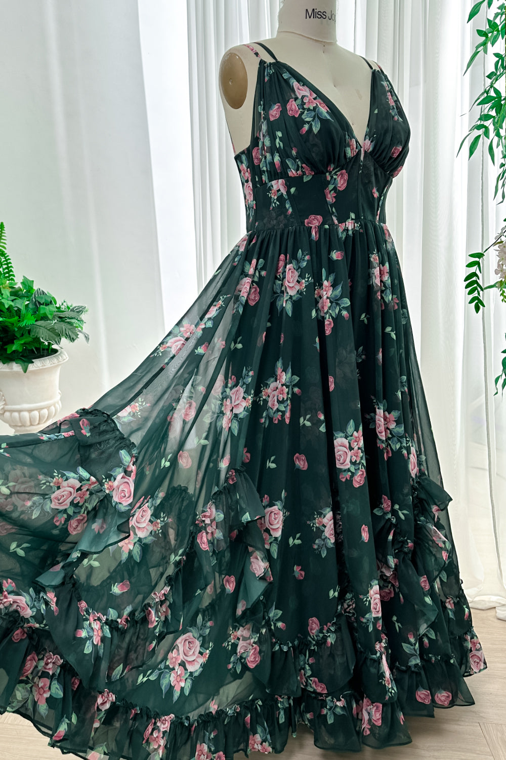 Straps V Neck Corset Floral Print Chiffon Dark Green Dress