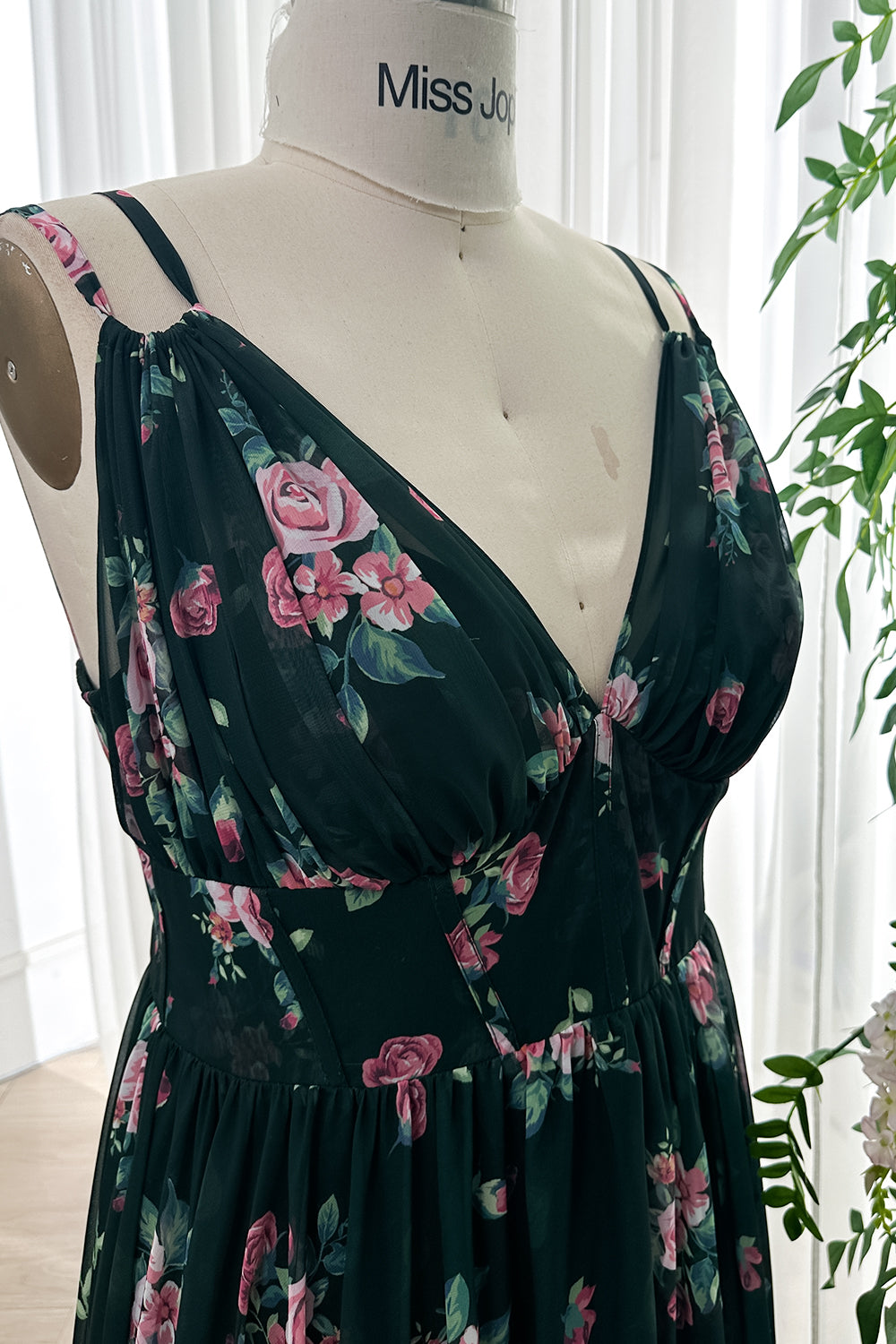 Straps V Neck Corset Floral Print Chiffon Dark Green Dress