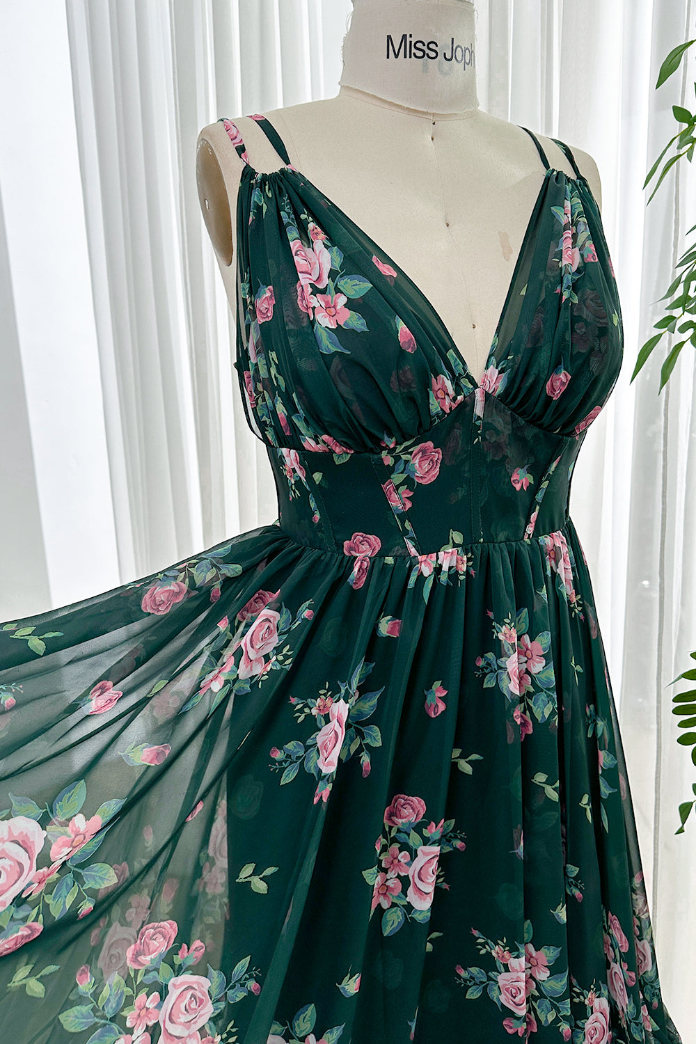 Straps V Neck Corset Floral Print Chiffon Dark Green Dress