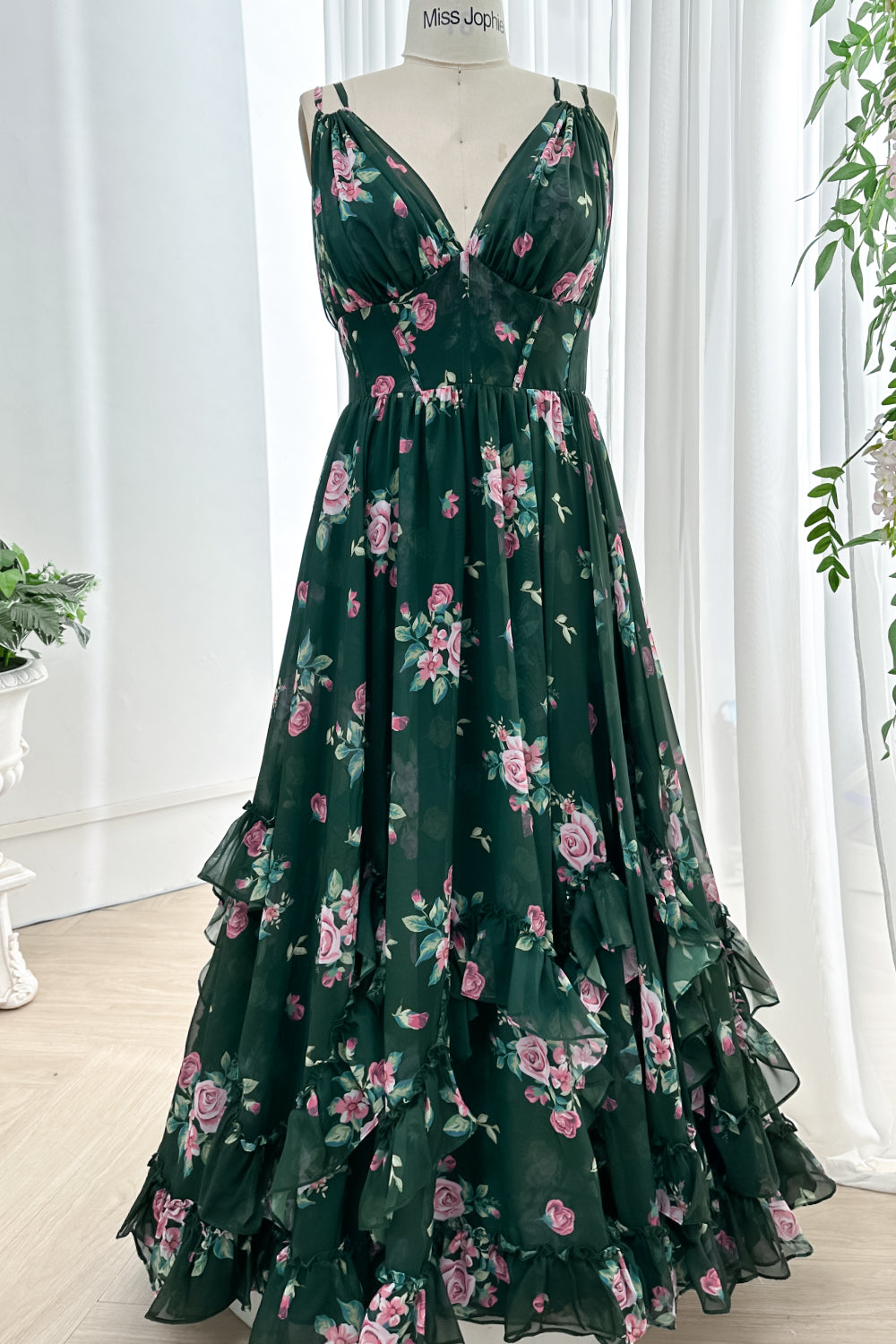 Straps V Neck Corset Floral Print Chiffon Dark Green Dress