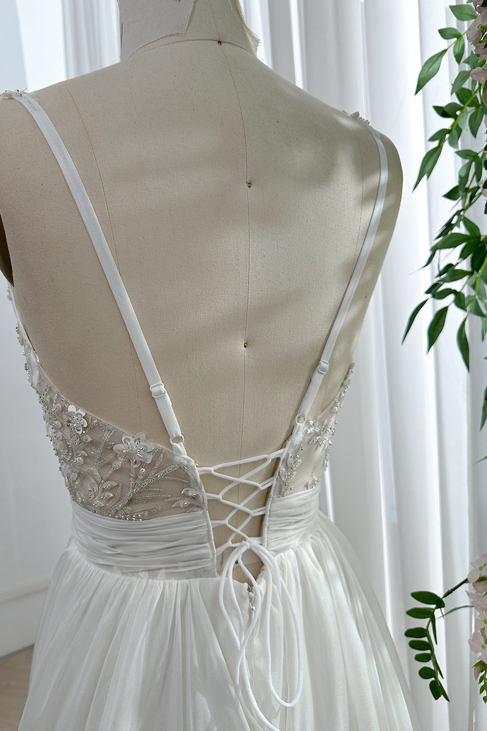 MissJophiel Straps V Neck Corset Beaded Floral Chiffon Bridal Dress