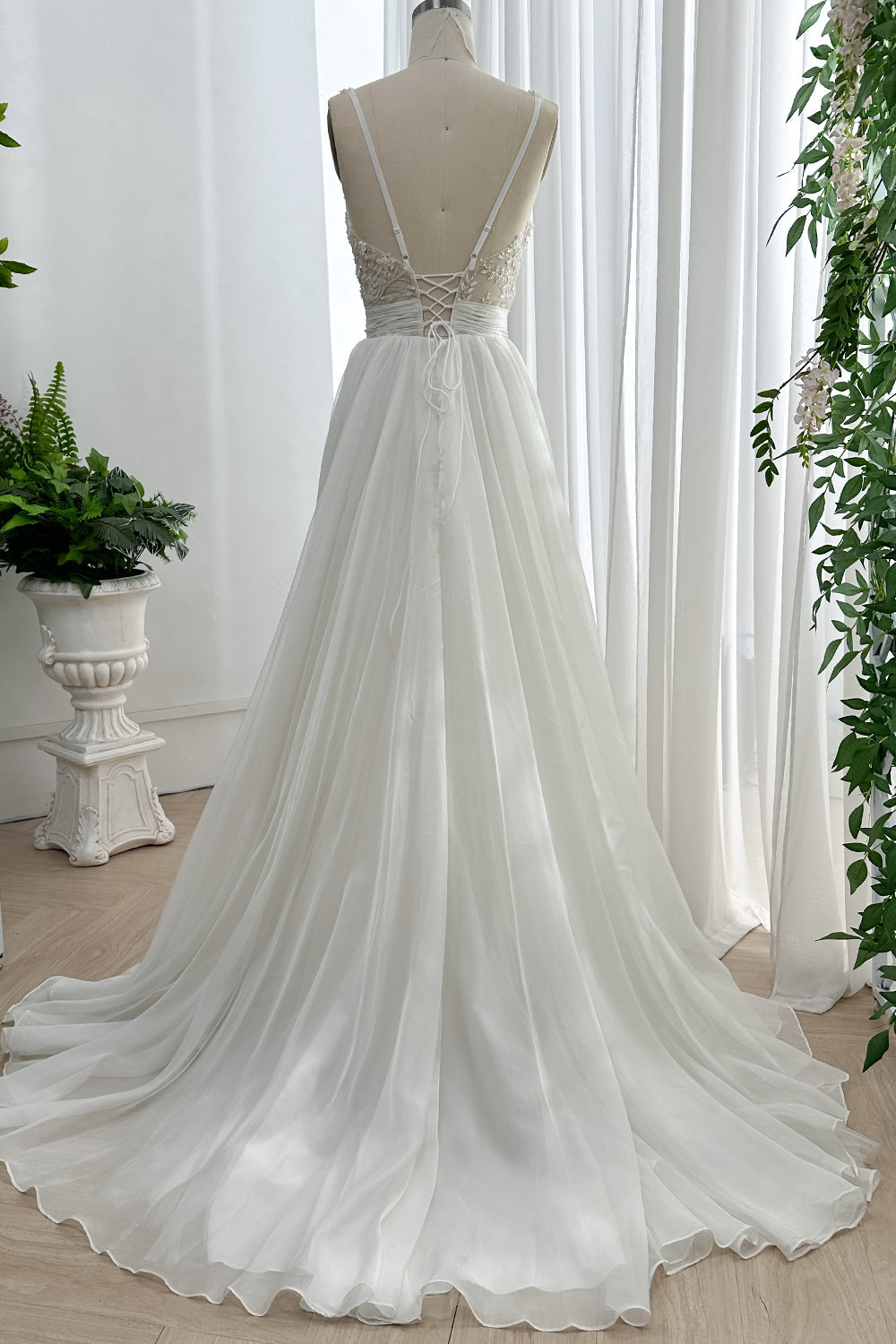 Straps V Neck Corset Beaded Floral Chiffon Bridal Dress