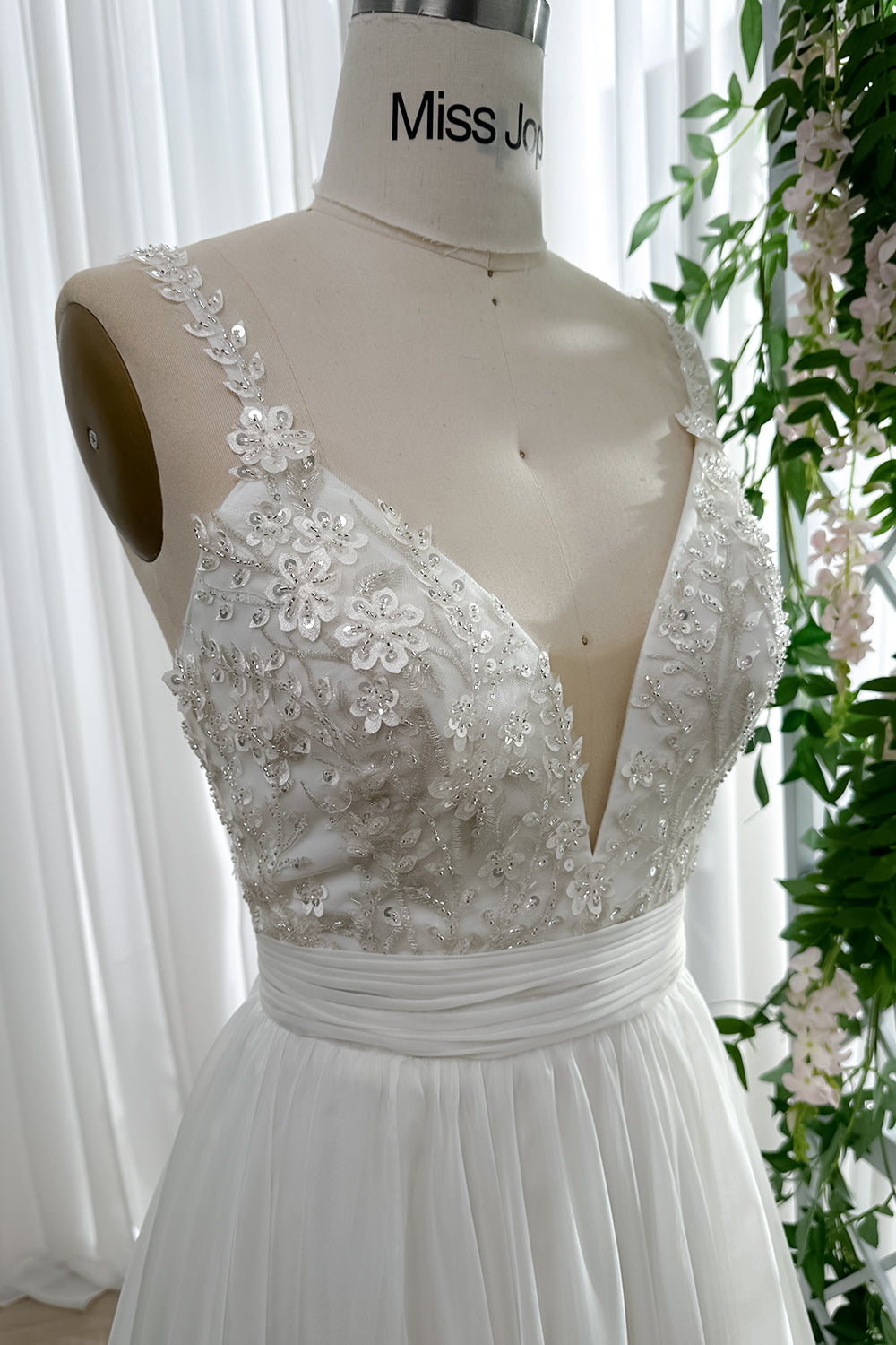 MissJophiel Straps V Neck Corset Beaded Floral Chiffon Bridal Dress