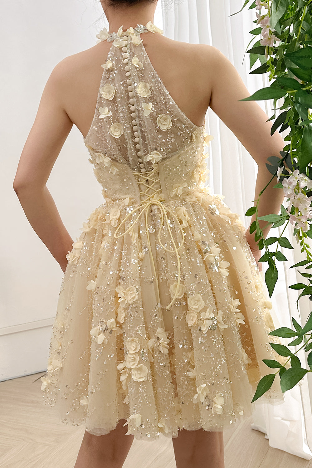 MissJophiel Halter Corset 3D Floral Beaded Mini Dress Daffodil / Above Knee / US8 MissJophiel Halter Corset 3D Floral Beaded Mini Dress Daffodil / Above Knee / US8