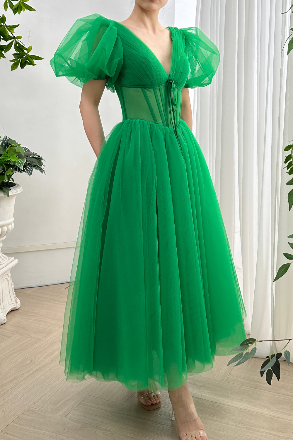 MissJophiel Puff Sleeves V Neck Corset Midi Dress Green / Above Knee / US2 MissJophiel Puff Sleeves V Neck Corset Midi Dress Green / Above Knee / US2