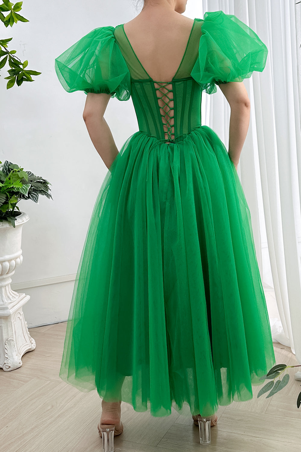 Puff Sleeves V Neck Corset Midi Dress