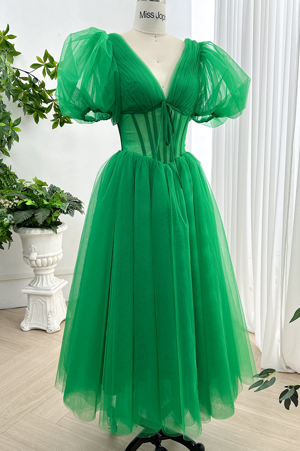puff sleeve corset midi dress Black Corset Midi Dress with Puff Sleeves XS / Royal Blue