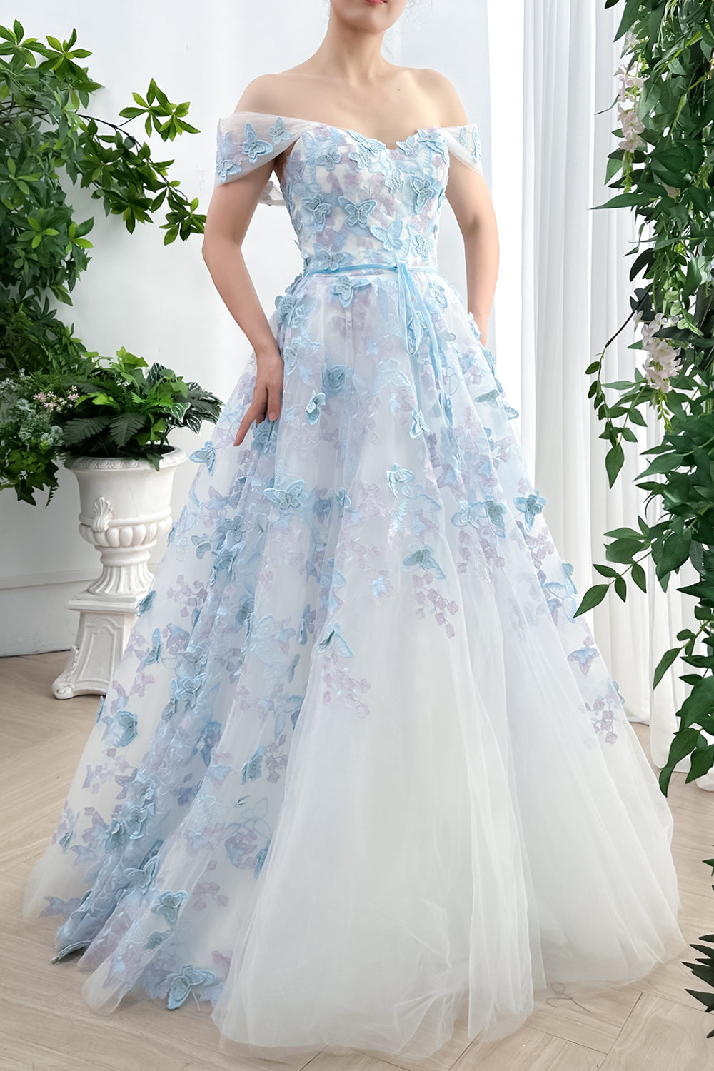 Off the Shoulder Corset Butterfly Tulle Long Dress