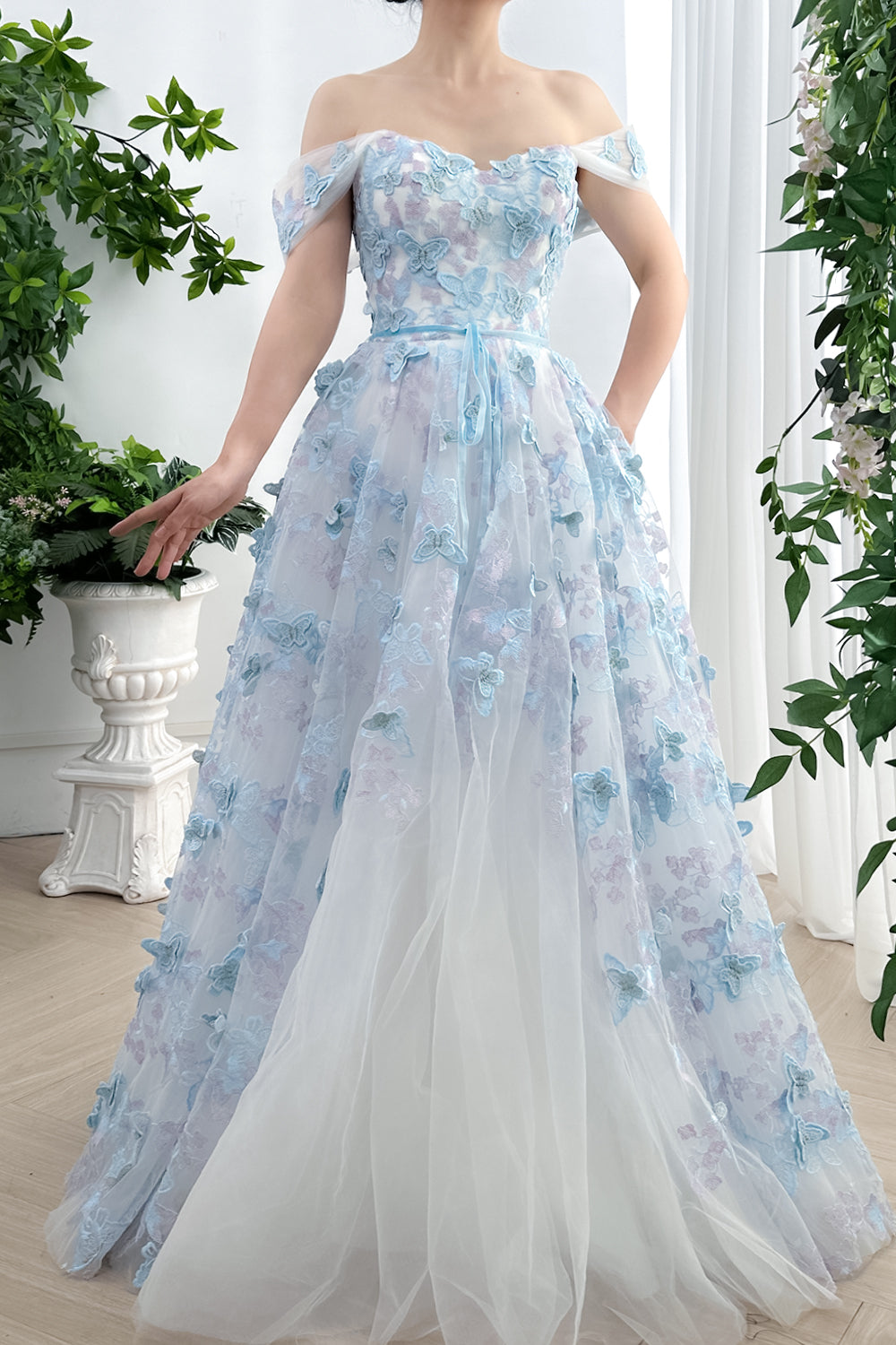 Off the Shoulder Corset Butterfly Tulle Long Dress