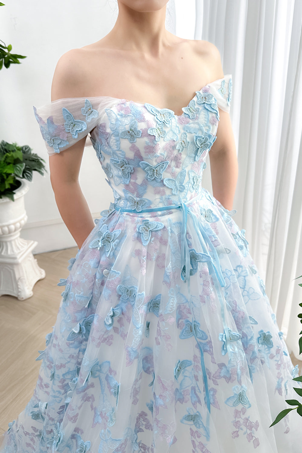 Off the Shoulder Corset Butterfly Tulle Long Dress