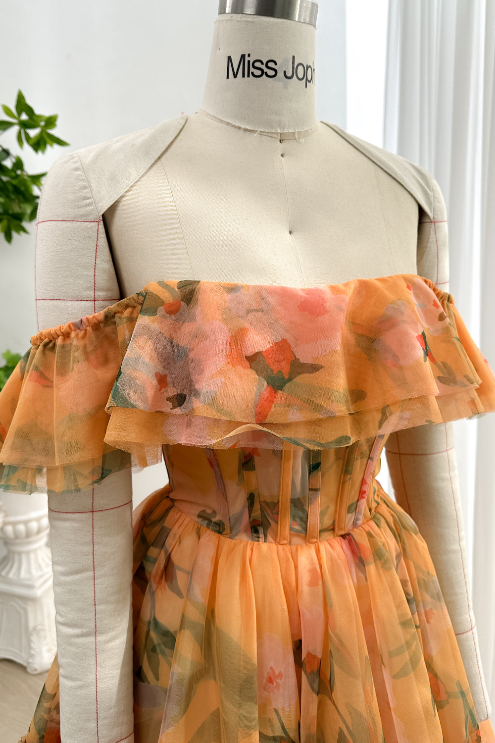 Corset Off the Shoulder Floral Print Tulle Tiered Dress