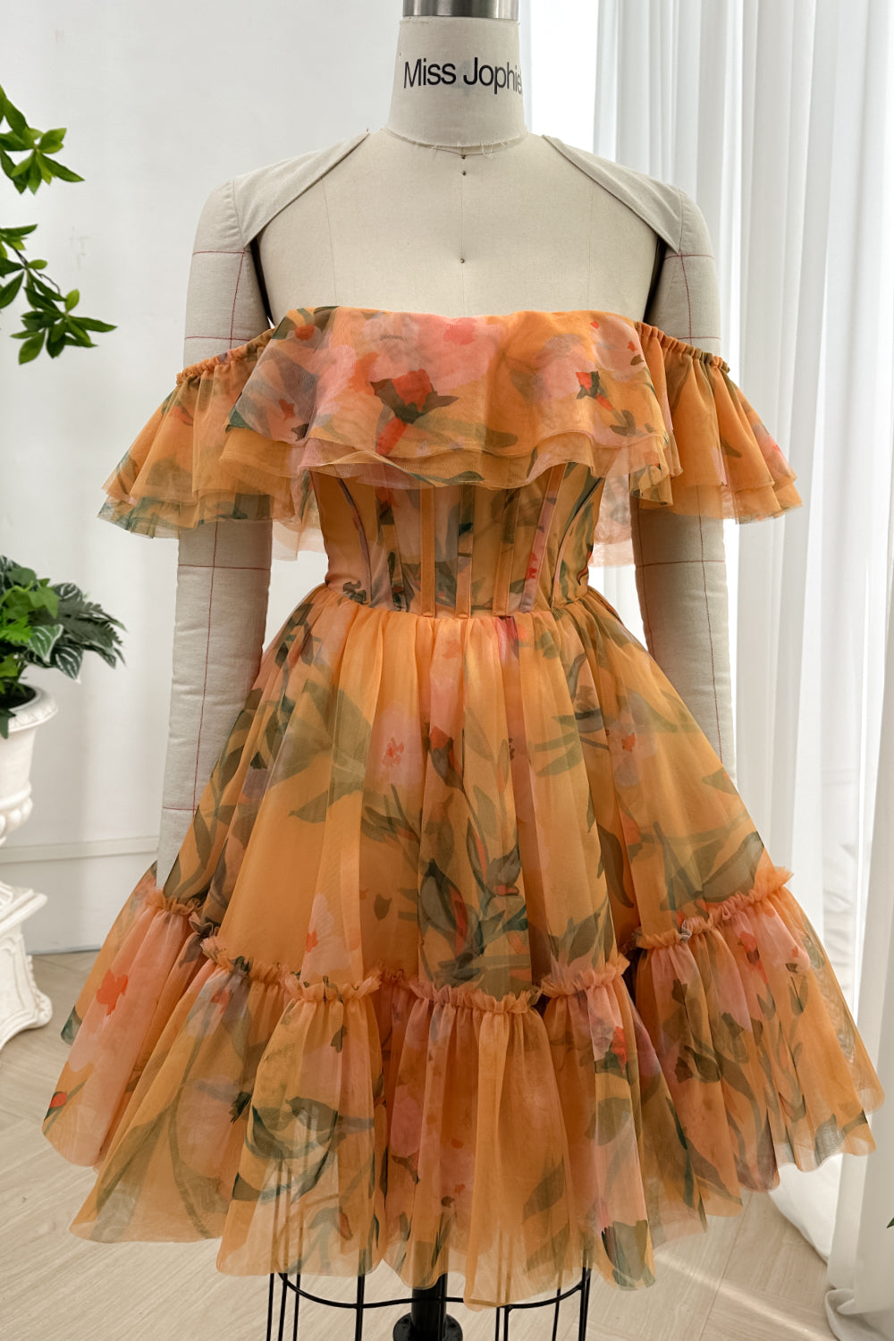 Corset Off the Shoulder Floral Print Tulle Tiered Dress