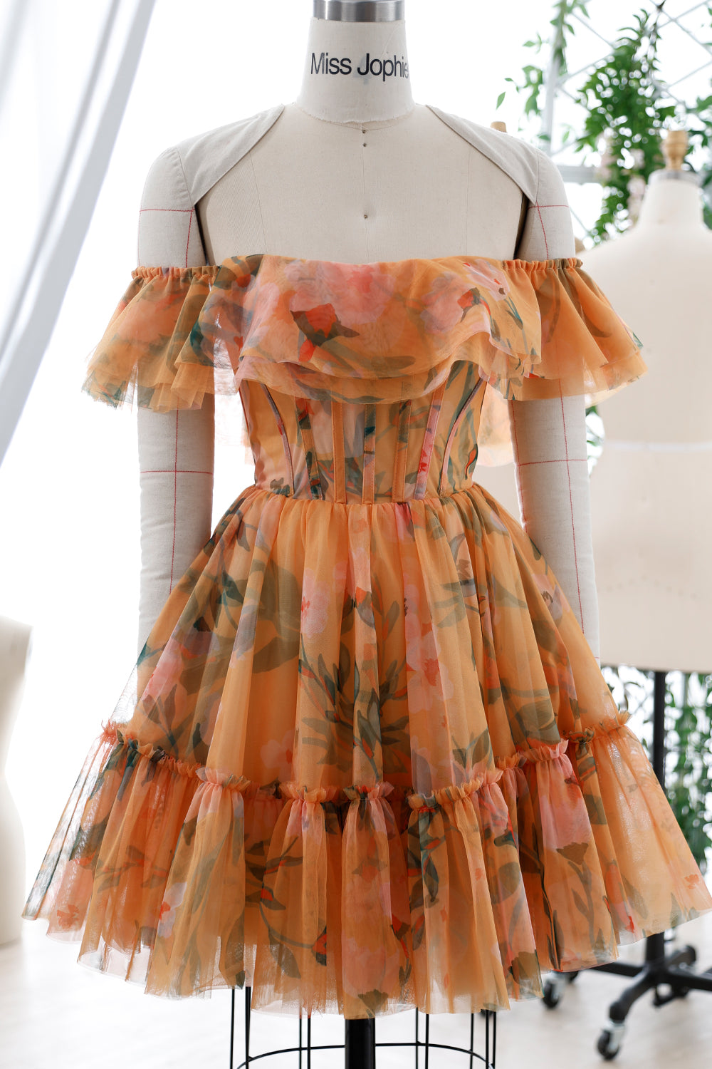 Corset Off the Shoulder Floral Print Tulle Tiered Dress