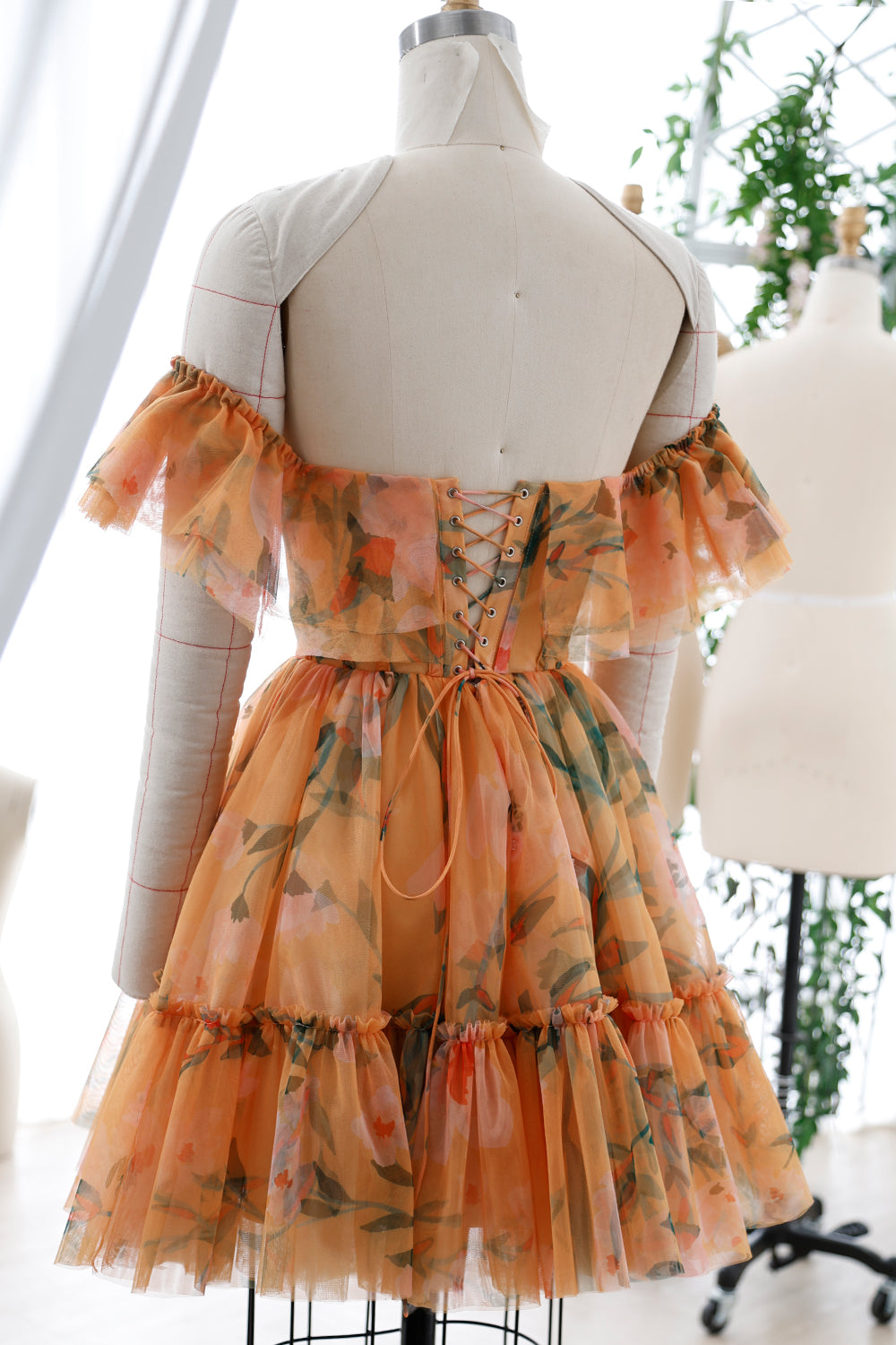 Corset Off the Shoulder Floral Print Tulle Tiered Dress