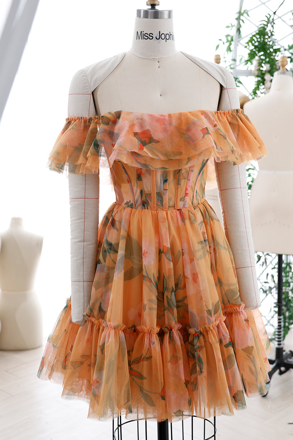 Corset Off the Shoulder Floral Print Tulle Tiered Dress