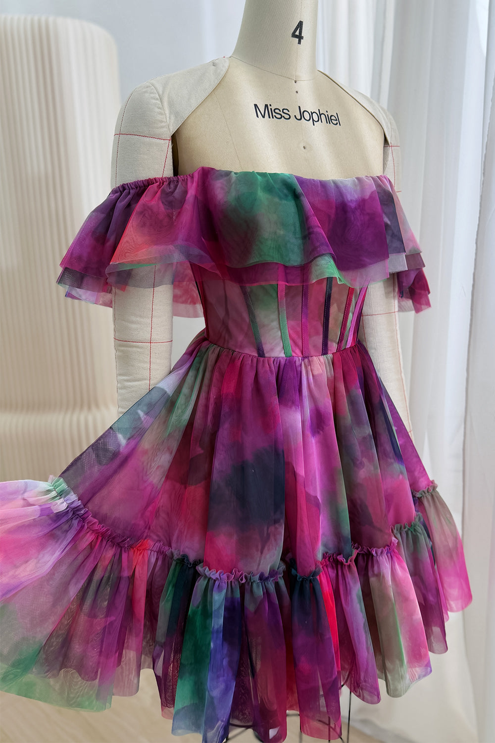 Corset Off the Shoulder Floral Print Tulle Tiered Prom Homecoming Dress