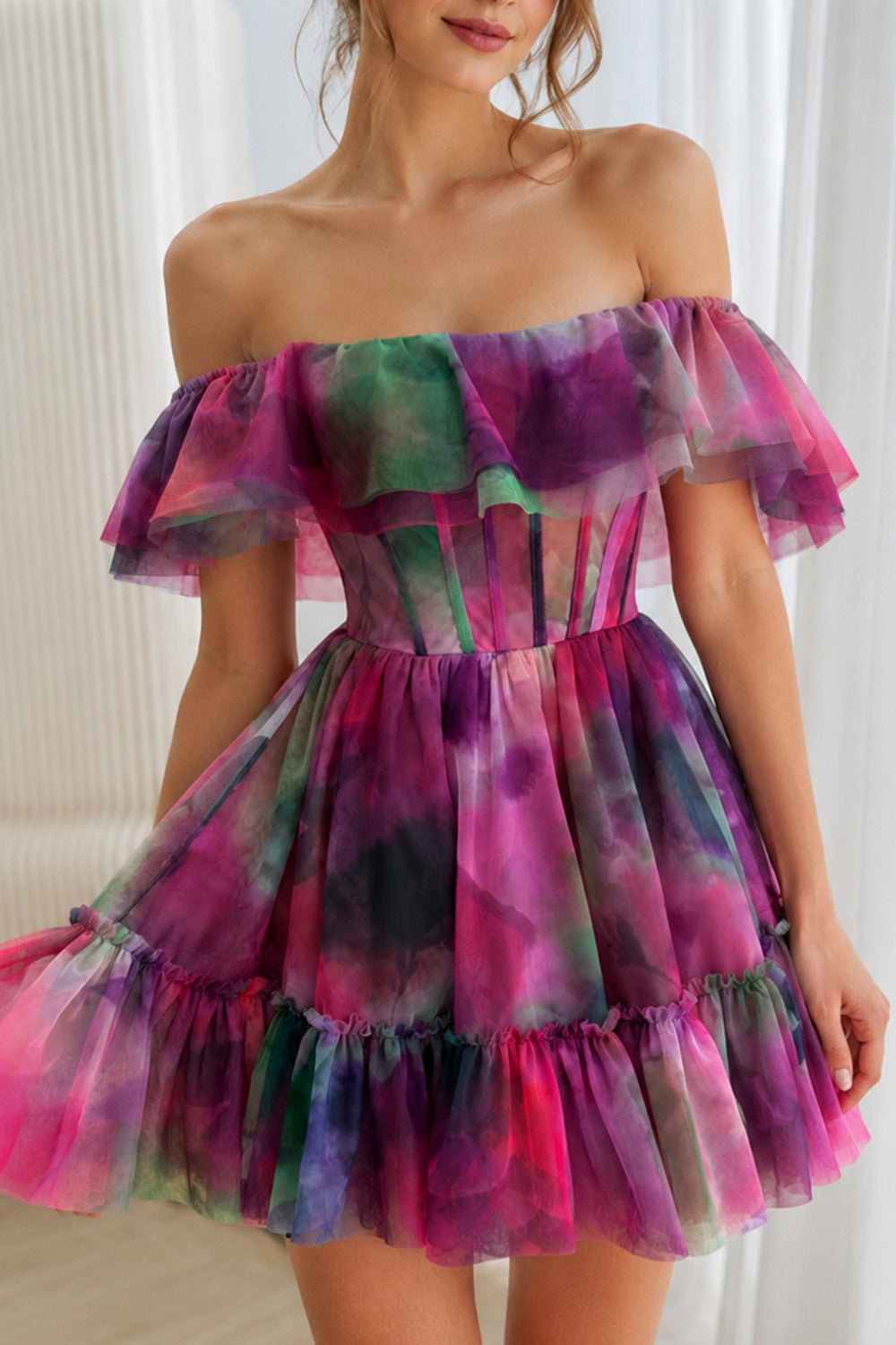 Corset Off the Shoulder Floral Print Tulle Tiered Prom Homecoming Dress