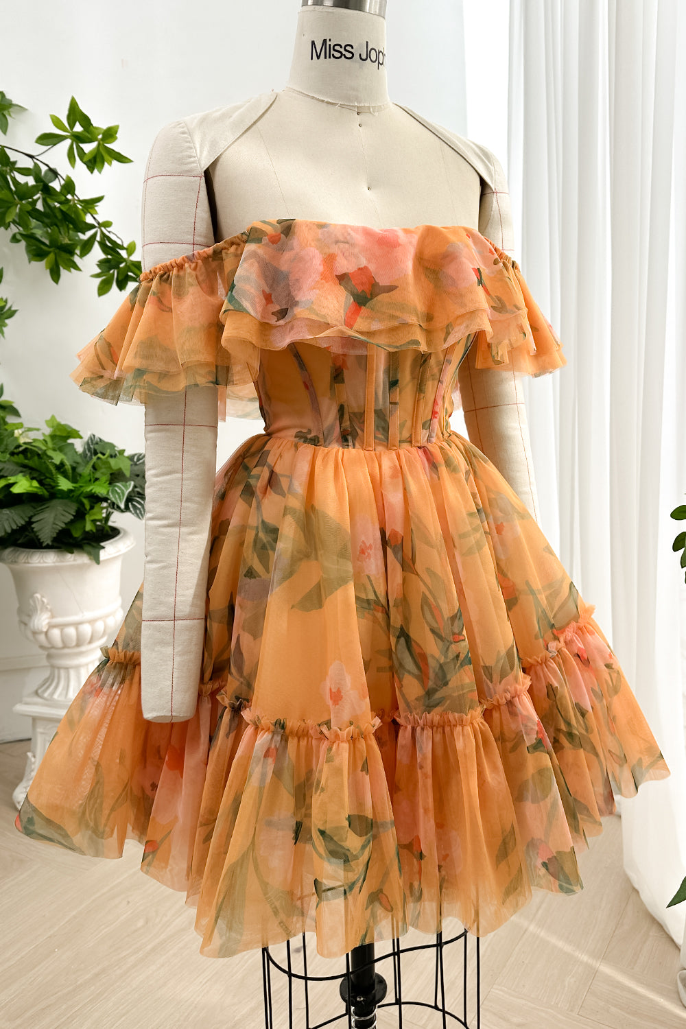 MissJophiel Corset Off the Shoulder Floral Print Tulle Tiered Dress