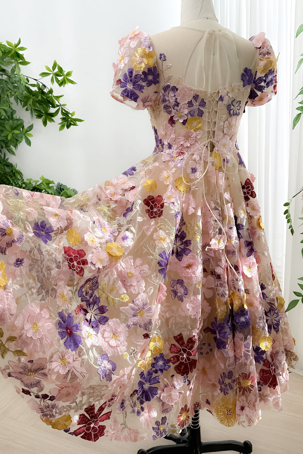 Short Puffy Sleeves Illusion Neckline Floral Embroidery Dress