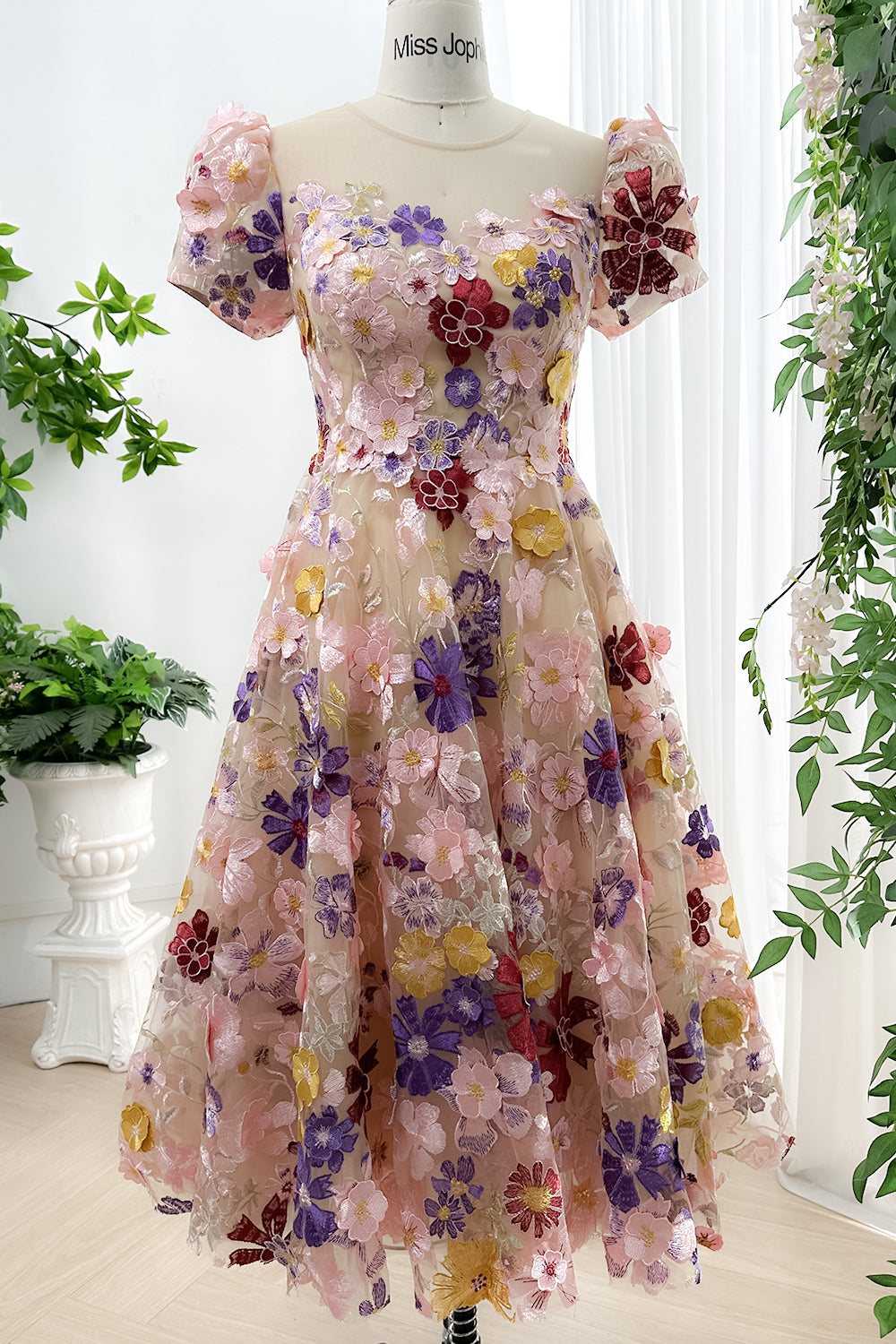 Short Puffy Sleeves Illusion Neckline Floral Embroidery Dress