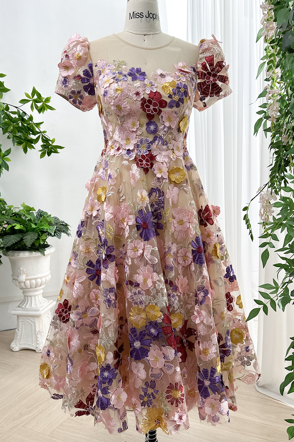 MissJophiel Short Puffy Sleeves Illusion Neckline Floral Embroidery Dress