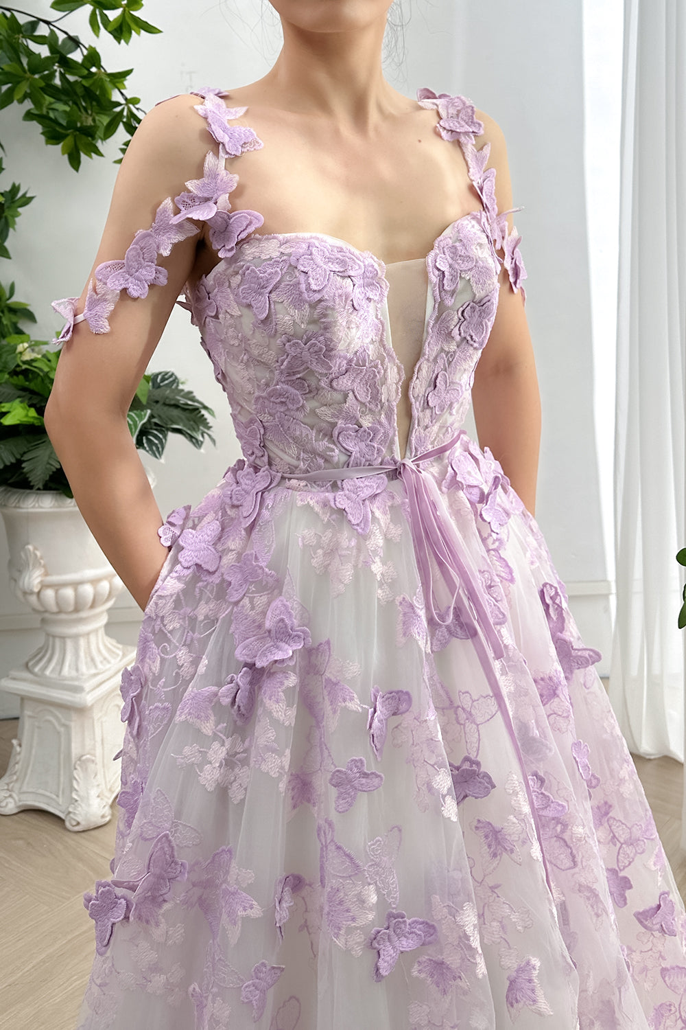 Corset Butterfly Tulle Long Dress with Removable Off the Shoulder