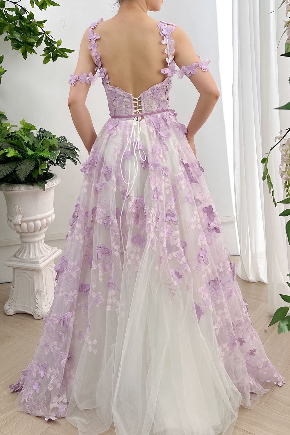 Corset Butterfly Tulle Long Dress with Removable Off the Shoulder